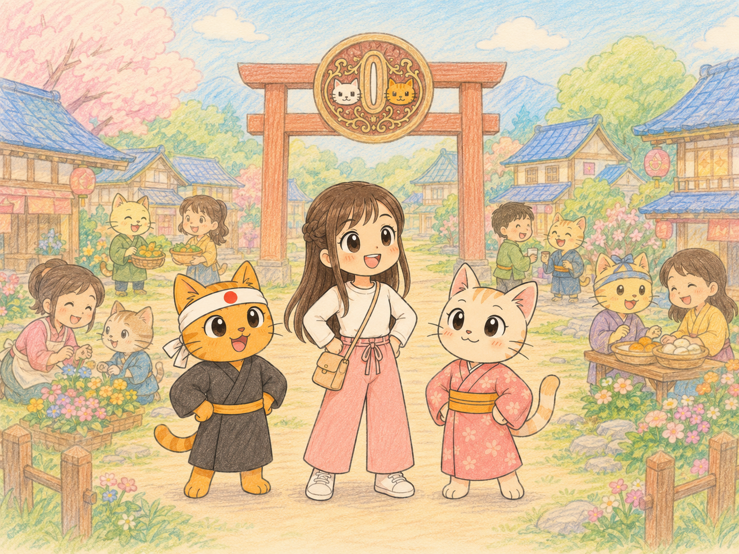 Natsumi and Tsuba characters welcoming people to the Tsuba village